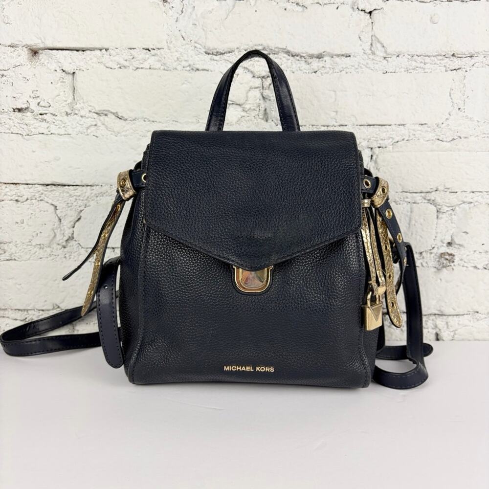 Michael Kors Blue Navy Pebbled Leather Backpack Metallic Gold Small